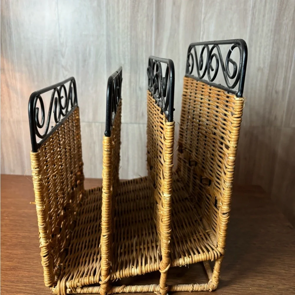 Vintage Wicker File Organizer with Black Metal Dividers - Natural Brown